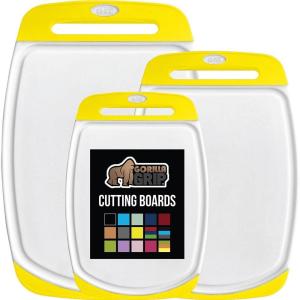 GORILLA GRIP BPA-Free Reversible Kitchen Cutting Board Set of 3 US Designed, Nonporous, Juice Grooves Catch Liquid, Slip Resistant Border, Dishwasher Safe Large Food Chopping Boards, Lime Orange Lemon(Lemon/White)