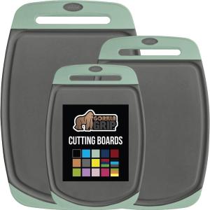 GORILLA GRIP BPA-Free Reversible Kitchen Cutting Board Set of 3 US Designed, Nonporous, Juice Grooves Catch Liquid, Slip Resistant Border, Dishwasher Safe Large Food Chopping Boards, Lime Orange Lemon(Mint/Gray)