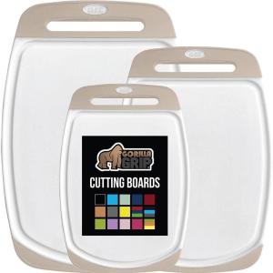 GORILLA GRIP BPA-Free Reversible Kitchen Cutting Board Set of 3 US Designed, Nonporous, Juice Grooves Catch Liquid, Slip Resistant Border, Dishwasher Safe Large Food Chopping Boards, Lime Orange Lemon(Almond/White)