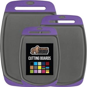 GORILLA GRIP BPA-Free Reversible Kitchen Cutting Board Set of 3 US Designed, Nonporous, Juice Grooves Catch Liquid, Slip Resistant Border, Dishwasher Safe Large Food Chopping Boards, Lime Orange Lemon(Purple/Gray)
