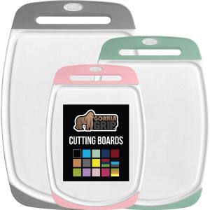 GORILLA GRIP BPA-Free Reversible Kitchen Cutting Board Set of 3 US Designed, Nonporous, Juice Grooves Catch Liquid, Slip Resistant Border, Dishwasher Safe Large Food Chopping Boards, Lime Orange Lemon(Gray/Mint/Light Pink)