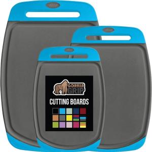 GORILLA GRIP BPA-Free Reversible Kitchen Cutting Board Set of 3 US Designed, Nonporous, Juice Grooves Catch Liquid, Slip Resistant Border, Dishwasher Safe Large Food Chopping Boards, Lime Orange Lemon(Aqua/Gray)
