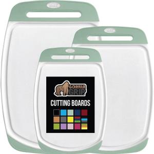 GORILLA GRIP BPA-Free Reversible Kitchen Cutting Board Set of 3 US Designed, Nonporous, Juice Grooves Catch Liquid, Slip Resistant Border, Dishwasher Safe Large Food Chopping Boards, Lime Orange Lemon(Mint/White)