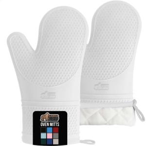GORILLA GRIP BPA-Free Soft Silicone Oven Mitts, Heat Resistant and Waterproof Cooking Safety Gloves, Thick Cotton Lining, Flexible Gripping, Kitchen Potholders Set, for Grilling, BBQ, 12.5×8.3, Black(White)