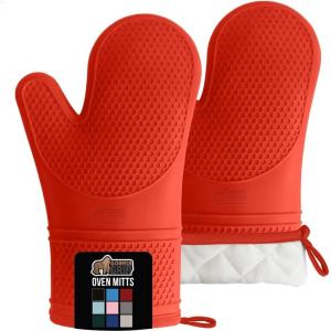 GORILLA GRIP BPA-Free Soft Silicone Oven Mitts, Heat Resistant and Waterproof Cooking Safety Gloves, Thick Cotton Lining, Flexible Gripping, Kitchen Potholders Set, for Grilling, BBQ, 12.5×8.3, Black(Coral)
