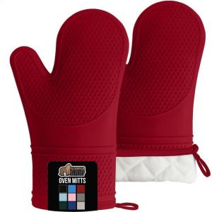 GORILLA GRIP BPA-Free Soft Silicone Oven Mitts, Heat Resistant and Waterproof Cooking Safety Gloves, Thick Cotton Lining, Flexible Gripping, Kitchen Potholders Set, for Grilling, BBQ, 12.5×8.3, Black(Red)
