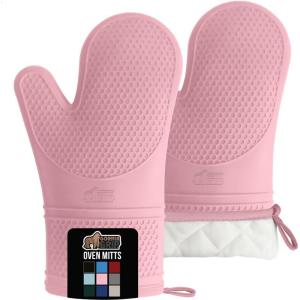 GORILLA GRIP BPA-Free Soft Silicone Oven Mitts, Heat Resistant and Waterproof Cooking Safety Gloves, Thick Cotton Lining, Flexible Gripping, Kitchen Potholders Set, for Grilling, BBQ, 12.5×8.3, Black(Pink)
