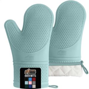 GORILLA GRIP BPA-Free Soft Silicone Oven Mitts, Heat Resistant and Waterproof Cooking Safety Gloves, Thick Cotton Lining, Flexible Gripping, Kitchen Potholders Set, for Grilling, BBQ, 12.5×8.3, Black(Mint)