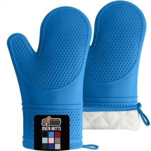 GORILLA GRIP BPA-Free Soft Silicone Oven Mitts, Heat Resistant and Waterproof Cooking Safety Gloves, Thick Cotton Lining, Flexible Gripping, Kitchen Potholders Set, for Grilling, BBQ, 12.5×8.3, Black(Aqua)