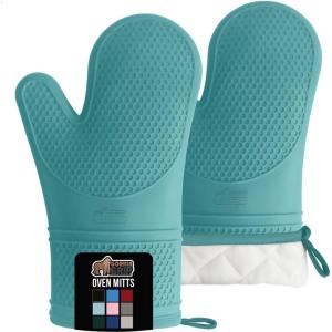 GORILLA GRIP BPA-Free Soft Silicone Oven Mitts, Heat Resistant and Waterproof Cooking Safety Gloves, Thick Cotton Lining, Flexible Gripping, Kitchen Potholders Set, for Grilling, BBQ, 12.5×8.3, Black(Turquoise)