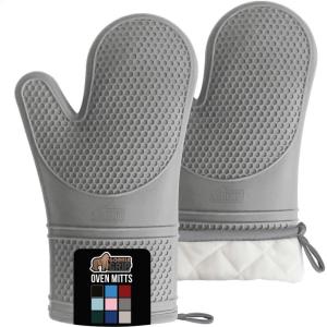 GORILLA GRIP BPA-Free Soft Silicone Oven Mitts, Heat Resistant and Waterproof Cooking Safety Gloves, Thick Cotton Lining, Flexible Gripping, Kitchen Potholders Set, for Grilling, BBQ, 12.5×8.3, Black(Gray)