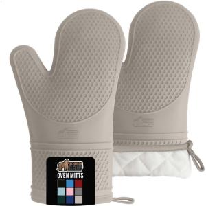GORILLA GRIP BPA-Free Soft Silicone Oven Mitts, Heat Resistant and Waterproof Cooking Safety Gloves, Thick Cotton Lining, Flexible Gripping, Kitchen Potholders Set, for Grilling, BBQ, 12.5×8.3, Black(Almond)