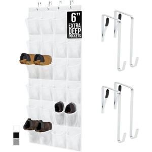 GORILLA GRIP Over the Door Shoe Organizer, 24 Large Breathable Mesh Pockets, Space Saving Hanging Storage Holder, Closet Rack Hanger Holds Up to 40 lbs, Hangs on Closets for Shoes, Accessories, Black(White)