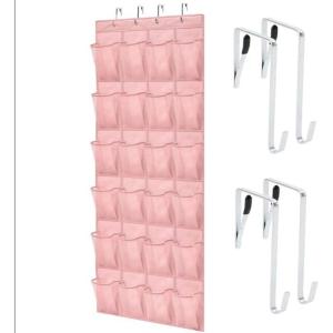 GORILLA GRIP Over the Door Shoe Organizer, 24 Large Breathable Mesh Pockets, Space Saving Hanging Storage Holder, Closet Rack Hanger Holds Up to 40 lbs, Hangs on Closets for Shoes, Accessories, Black(Light Pink)