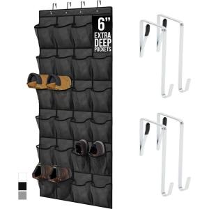 GORILLA GRIP Over the Door Shoe Organizer, 24 Large Breathable Mesh Pockets, Space Saving Hanging Storage Holder, Closet Rack Hanger Holds Up to 40 lbs, Hangs on Closets for Shoes, Accessories, Black(Black)