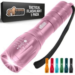 GORILLA GRIP Powerful LED Tactical Flashlight, 750 FT High Lumens 5 Adjustable Modes, Water Resistant, Ultra Bright Zoom, Stocking Stuffers, White Elephant Holiday Gifts, Dog Walking, Turquoise(Pink)