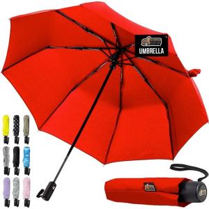 GORILLA GRIP Strong Windproof Stick Compact Umbrella for Rain, One-Click Automatic Open and Close, Durable Quick Dry Waterproof Material, Lightweight and Portable, Travel Size Fits Backpack, Rainbow(Red)