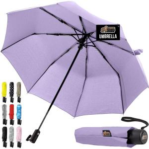 GORILLA GRIP Strong Windproof Stick Compact Umbrella for Rain, One-Click Automatic Open and Close, Durable Quick Dry Waterproof Material, Lightweight and Portable, Travel Size Fits Backpack, Rainbow(Purple)