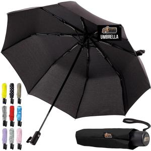 GORILLA GRIP Strong Windproof Stick Compact Umbrella for Rain, One-Click Automatic Open and Close, Durable Quick Dry Waterproof Material, Lightweight and Portable, Travel Size Fits Backpack, Rainbow(Black)