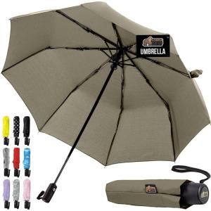 GORILLA GRIP Strong Windproof Stick Compact Umbrella for Rain, One-Click Automatic Open and Close, Durable Quick Dry Waterproof Material, Lightweight and Portable, Travel Size Fits Backpack, Rainbow(Beige)