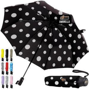 GORILLA GRIP Strong Windproof Stick Compact Umbrella for Rain, One-Click Automatic Open and Close, Durable Quick Dry Waterproof Material, Lightweight and Portable, Travel Size Fits Backpack, Rainbow(Polka Dots)
