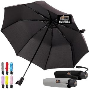 GORILLA GRIP Strong Windproof Stick Compact Umbrella for Rain, One-Click Automatic Open and Close, Durable Quick Dry Waterproof Material, Lightweight and Portable, Travel Size Fits Backpack, Rainbow(Black + Gray)