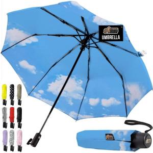 GORILLA GRIP Strong Windproof Stick Compact Umbrella for Rain, One-Click Automatic Open and Close, Durable Quick Dry Waterproof Material, Lightweight and Portable, Travel Size Fits Backpack, Rainbow(Sky Blue Clouds)
