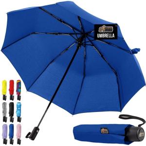 GORILLA GRIP Strong Windproof Stick Compact Umbrella for Rain, One-Click Automatic Open and Close, Durable Quick Dry Waterproof Material, Lightweight and Portable, Travel Size Fits Backpack, Rainbow(Navy)