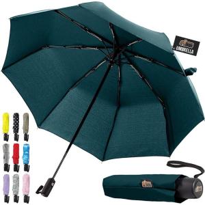 GORILLA GRIP Strong Windproof Stick Compact Umbrella for Rain, One-Click Automatic Open and Close, Durable Quick Dry Waterproof Material, Lightweight and Portable, Travel Size Fits Backpack, Rainbow(Hunter Green)