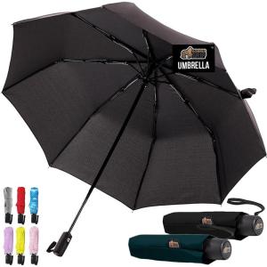 GORILLA GRIP Strong Windproof Stick Compact Umbrella for Rain, One-Click Automatic Open and Close, Durable Quick Dry Waterproof Material, Lightweight and Portable, Travel Size Fits Backpack, Rainbow(Black + Hunter Green)