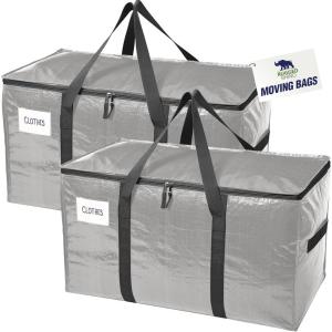RUGGED RHINO Heavy Duty Extra Large Blue Moving Bags, Durable Bag with Strong Handles and Zipper, Moving Boxes Alternative for College Packing, Holiday Décor, Space Saving Storage with Label, 2 Pack(Silver)