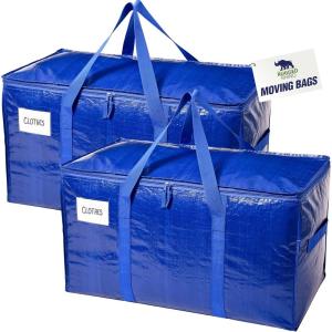 RUGGED RHINO Heavy Duty Extra Large Blue Moving Bags, Durable Bag with Strong Handles and Zipper, Moving Boxes Alternative for College Packing, Holiday Décor, Space Saving Storage with Label, 2 Pack(Blue)