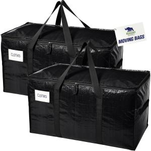 RUGGED RHINO Heavy Duty Extra Large Blue Moving Bags, Durable Bag with Strong Handles and Zipper, Moving Boxes Alternative for College Packing, Holiday Décor, Space Saving Storage with Label, 2 Pack(Black)