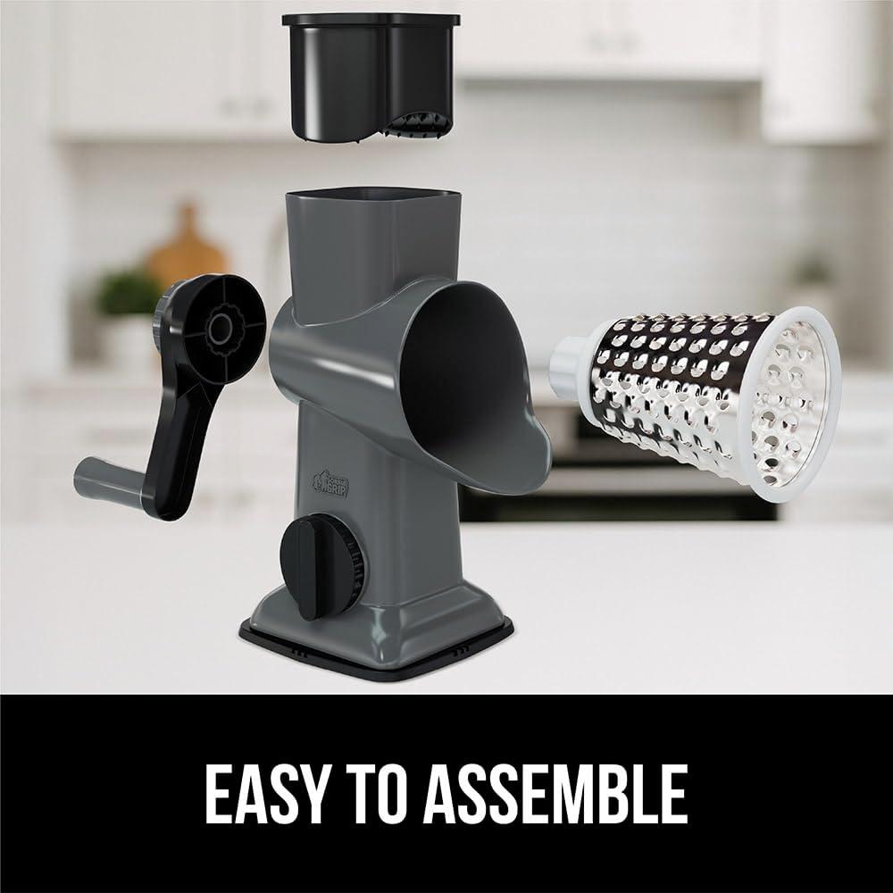imageGORILLA GRIP BPAFree Rotary Cheese Grater Hand Crank Easy to Set Up Strong Suction Base for Kitchen Countertop Shred Potato Vegetable Nuts in Seconds Round Mandoline Slicer 3 Blades Gray