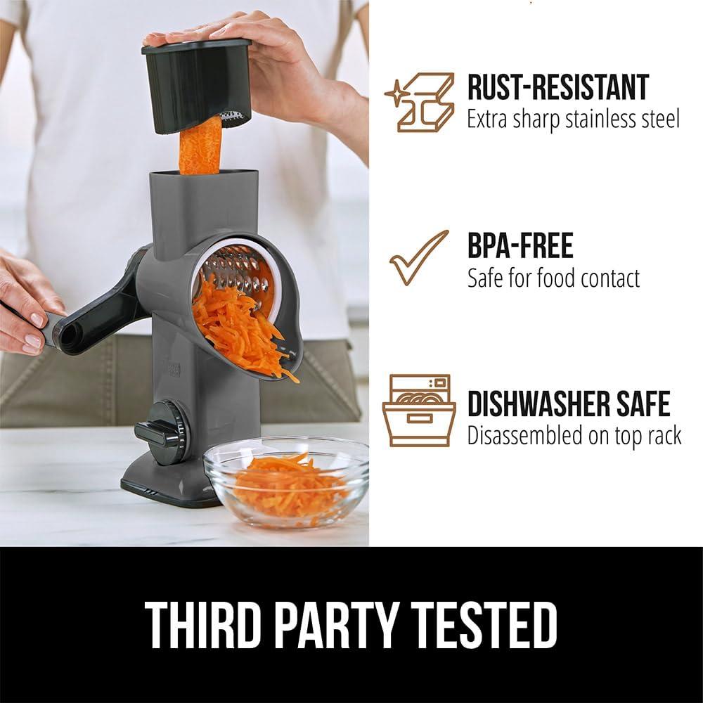 imageGORILLA GRIP BPAFree Rotary Cheese Grater Hand Crank Easy to Set Up Strong Suction Base for Kitchen Countertop Shred Potato Vegetable Nuts in Seconds Round Mandoline Slicer 3 Blades Gray