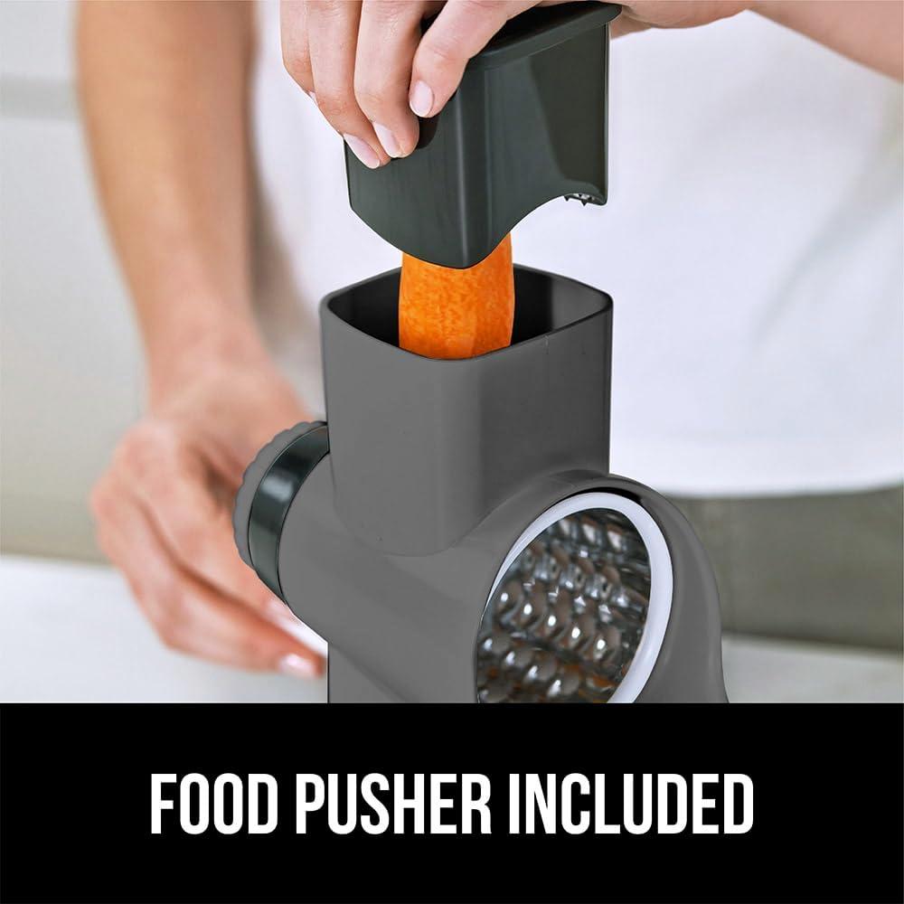 imageGORILLA GRIP BPAFree Rotary Cheese Grater Hand Crank Easy to Set Up Strong Suction Base for Kitchen Countertop Shred Potato Vegetable Nuts in Seconds Round Mandoline Slicer 3 Blades Gray