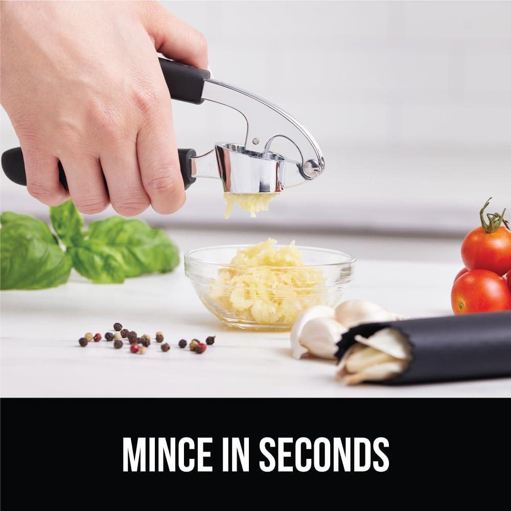 imageGORILLA GRIP Garlic Press and Peel Set Heavy Duty Mincer Tool Large Ergonomic Handle Easily Mince Crush Garlics Ginger Nuts Peeler Included for Peeling Cloves Holiday Prep Kitchen Gadgets BlackBlack