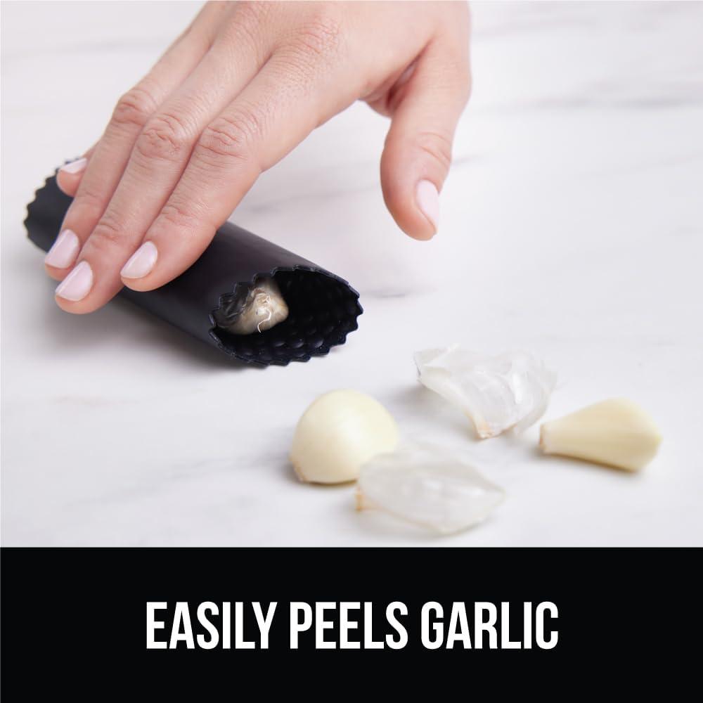 imageGORILLA GRIP Garlic Press and Peel Set Heavy Duty Mincer Tool Large Ergonomic Handle Easily Mince Crush Garlics Ginger Nuts Peeler Included for Peeling Cloves Holiday Prep Kitchen Gadgets BlackBlack