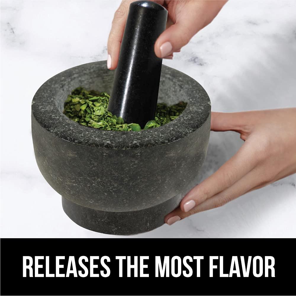 imageGORILLA GRIP Heavy Duty Mortar and Pestle Set with Slip Resistant Base 100 Granite Stone Molcajete Guacamole Bowl Grind Seeds Garlic Herb Kitchen Muddler Christmas Gifts for Chefs 15 Cup GrayPolished Black