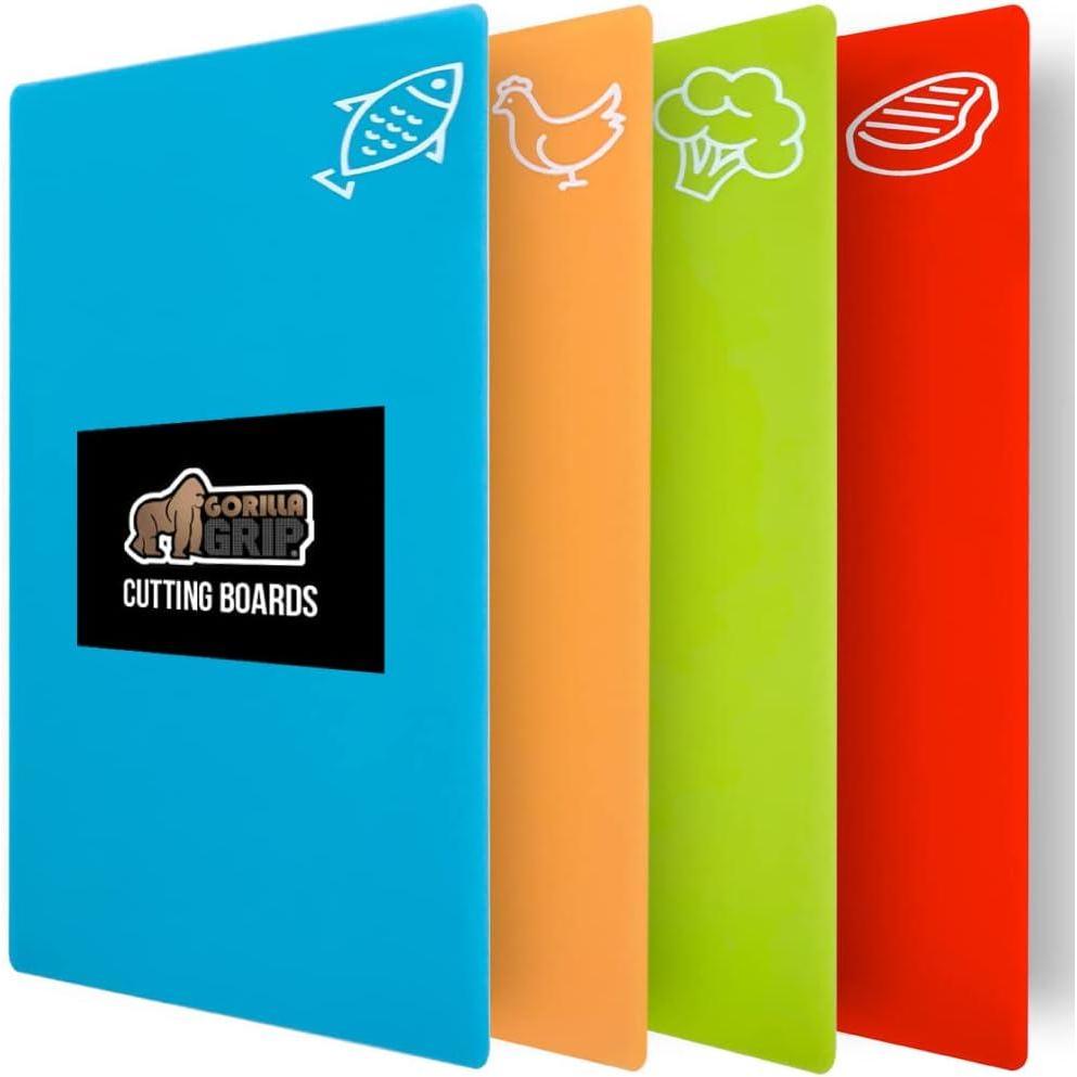 imageGORILLA GRIP 100 BPAFree Flexible Cutting Board Set of 5 Durable Plastic Mats with Food Icons for Meal Prepping Large and Mini Kitchen Chopping Mat Use for Meat Fish Vegetables Fruit MulticolorPack of 4
