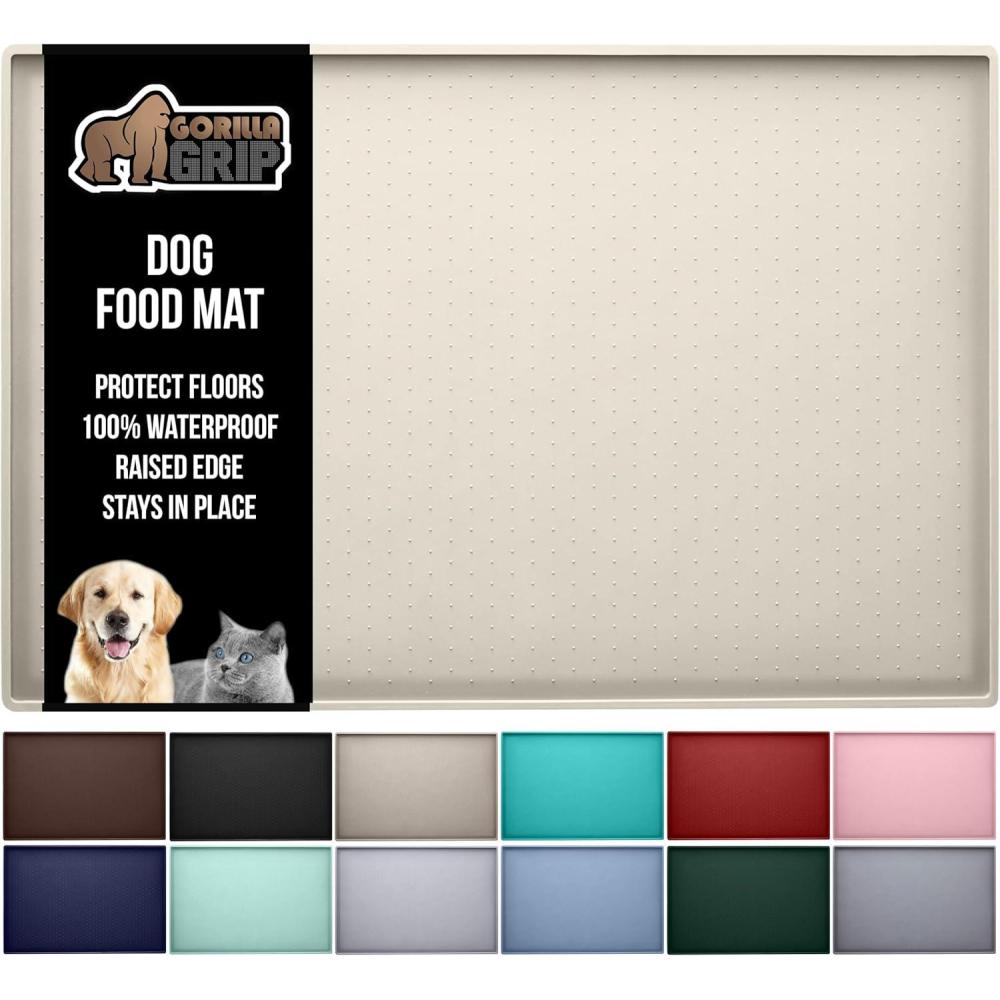 imageGORILLA GRIP 100 Waterproof Raised Edge BPA Free Silicone Pet Feeding Mat Dog Cat Food Mats Contain Spills Protects Floors Placemats for Cats and Dogs Water Bowl Pets Accessories 185x115 GrayCream