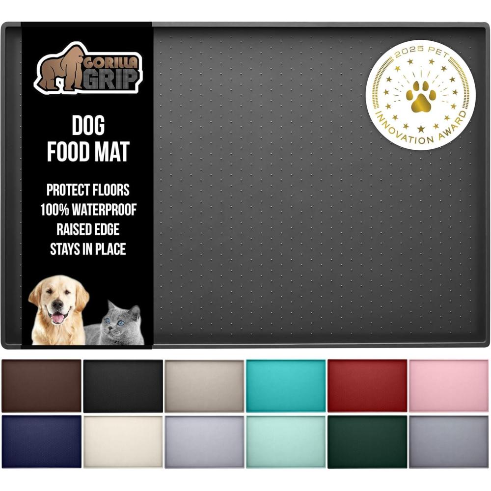 imageGORILLA GRIP 100 Waterproof Raised Edge BPA Free Silicone Pet Feeding Mat Dog Cat Food Mats Contain Spills Protects Floors Placemats for Cats and Dogs Water Bowl Pets Accessories 185x115 GrayCharcoal
