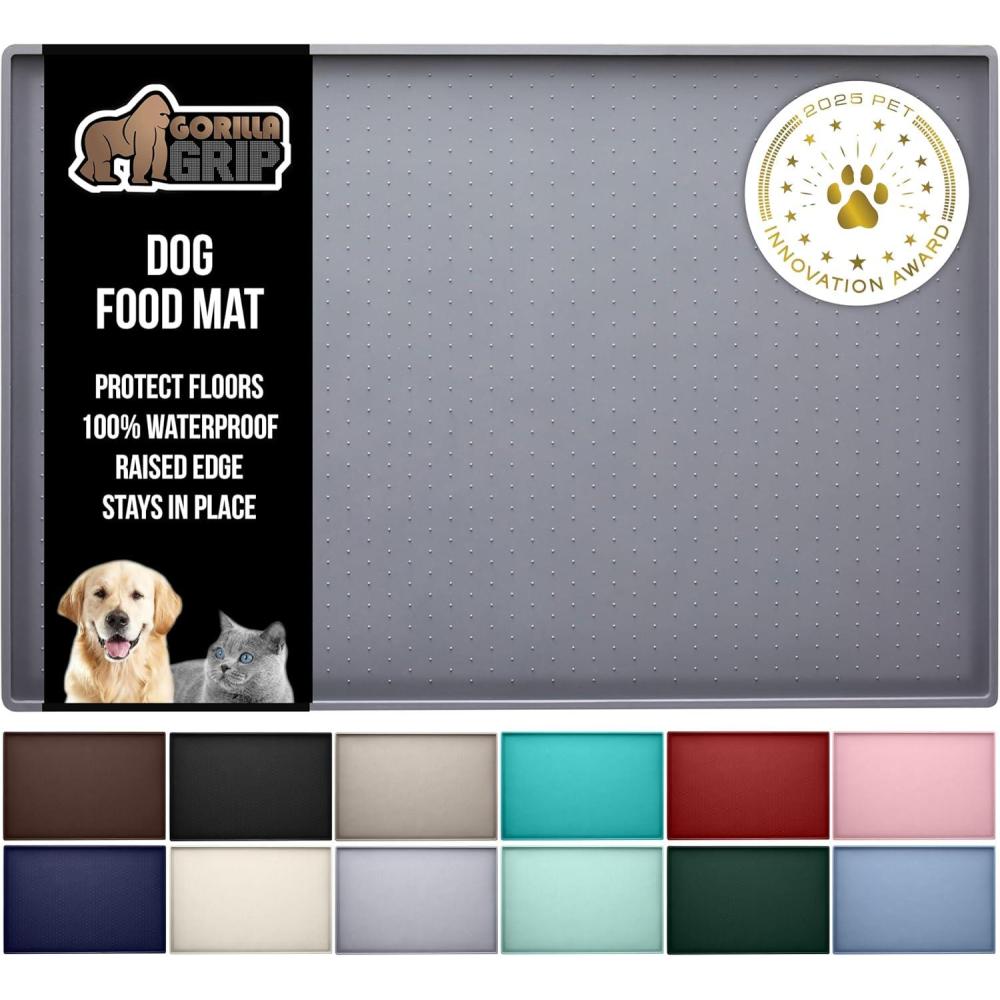 imageGORILLA GRIP 100 Waterproof Raised Edge BPA Free Silicone Pet Feeding Mat Dog Cat Food Mats Contain Spills Protects Floors Placemats for Cats and Dogs Water Bowl Pets Accessories 185x115 GrayGray