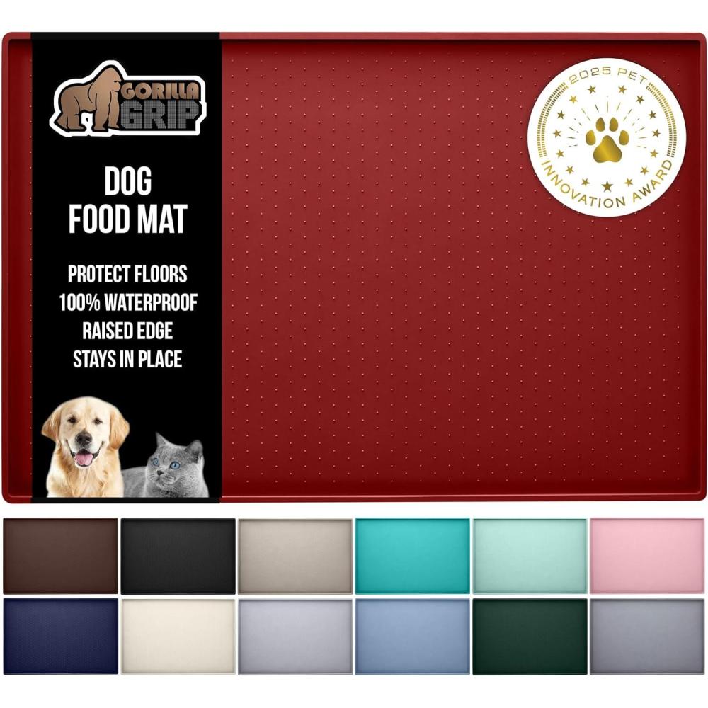 imageGORILLA GRIP 100 Waterproof Raised Edge BPA Free Silicone Pet Feeding Mat Dog Cat Food Mats Contain Spills Protects Floors Placemats for Cats and Dogs Water Bowl Pets Accessories 185x115 GrayRed