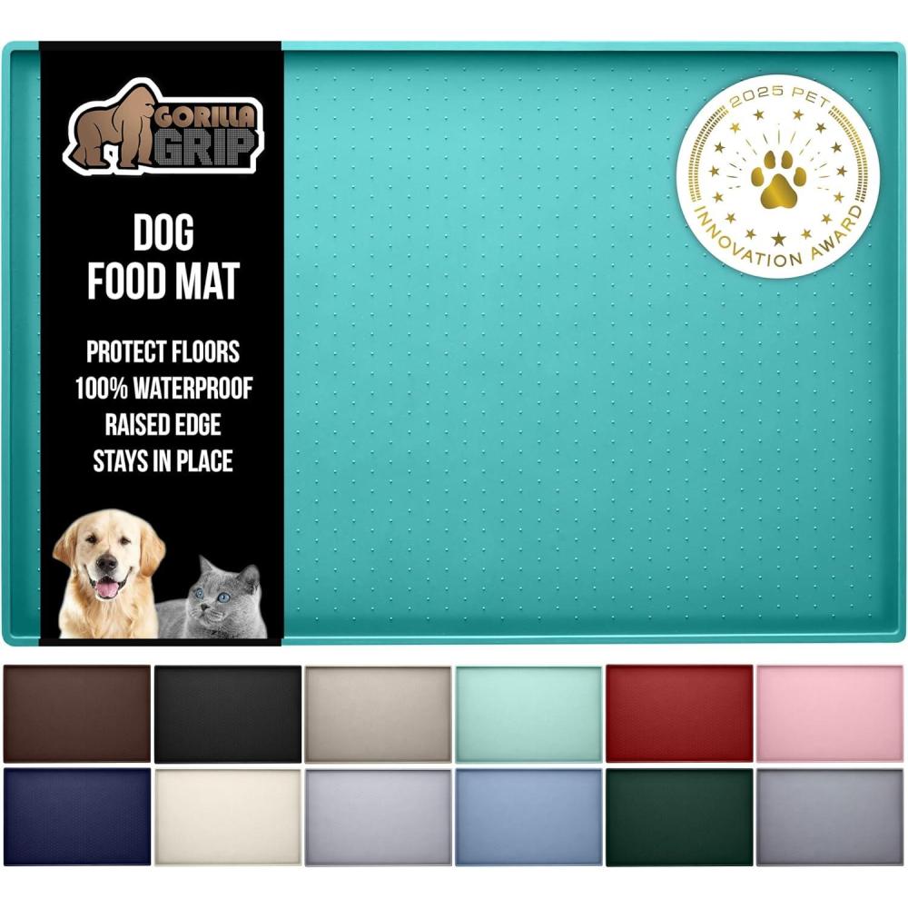 imageGORILLA GRIP 100 Waterproof Raised Edge BPA Free Silicone Pet Feeding Mat Dog Cat Food Mats Contain Spills Protects Floors Placemats for Cats and Dogs Water Bowl Pets Accessories 185x115 GrayTurquoise