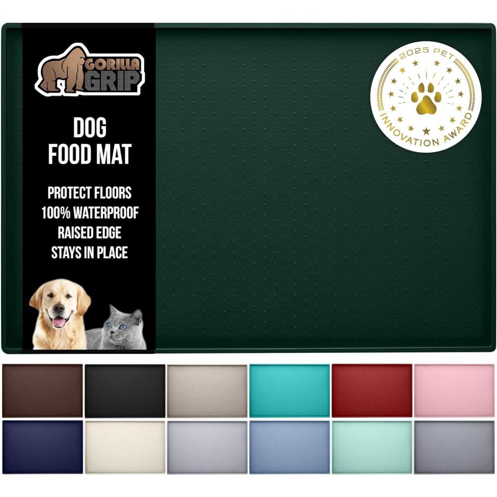 imageGORILLA GRIP 100 Waterproof Raised Edge BPA Free Silicone Pet Feeding Mat Dog Cat Food Mats Contain Spills Protects Floors Placemats for Cats and Dogs Water Bowl Pets Accessories 185x115 GrayHunter Green