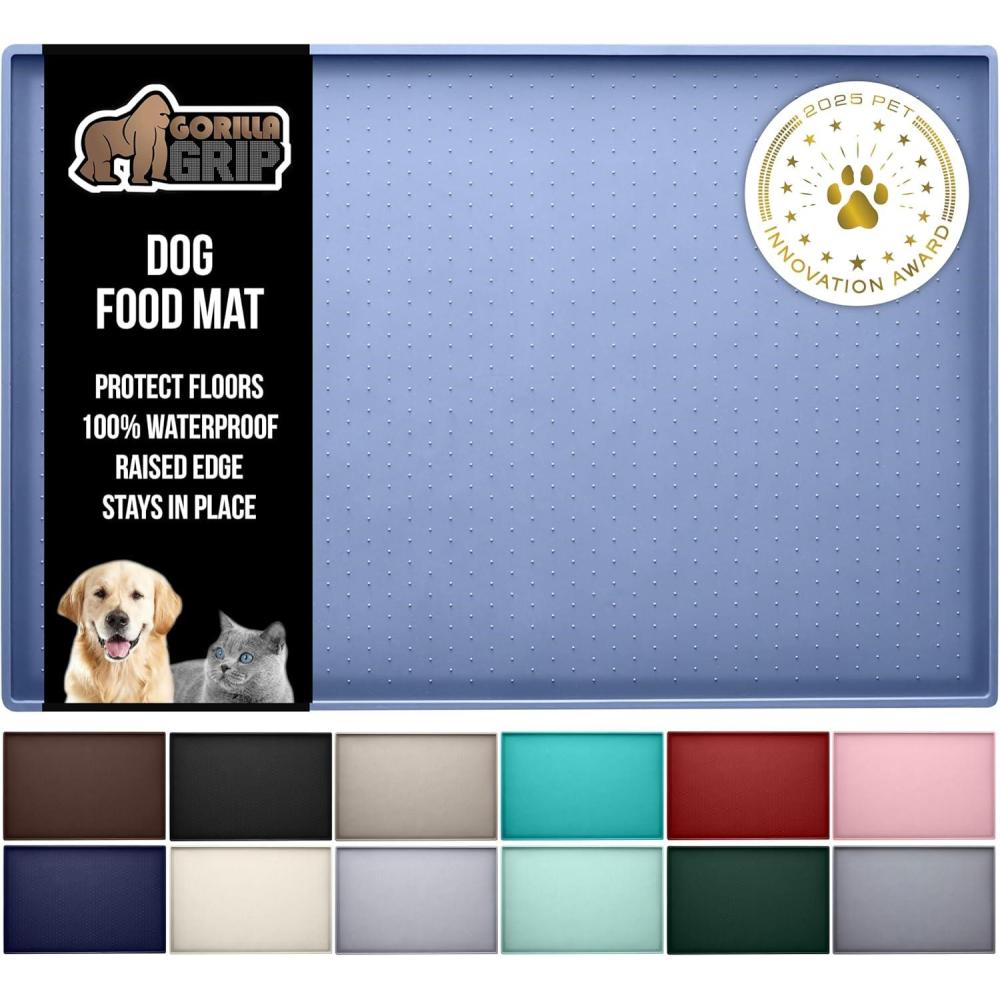 imageGORILLA GRIP 100 Waterproof Raised Edge BPA Free Silicone Pet Feeding Mat Dog Cat Food Mats Contain Spills Protects Floors Placemats for Cats and Dogs Water Bowl Pets Accessories 185x115 GrayLight Blue