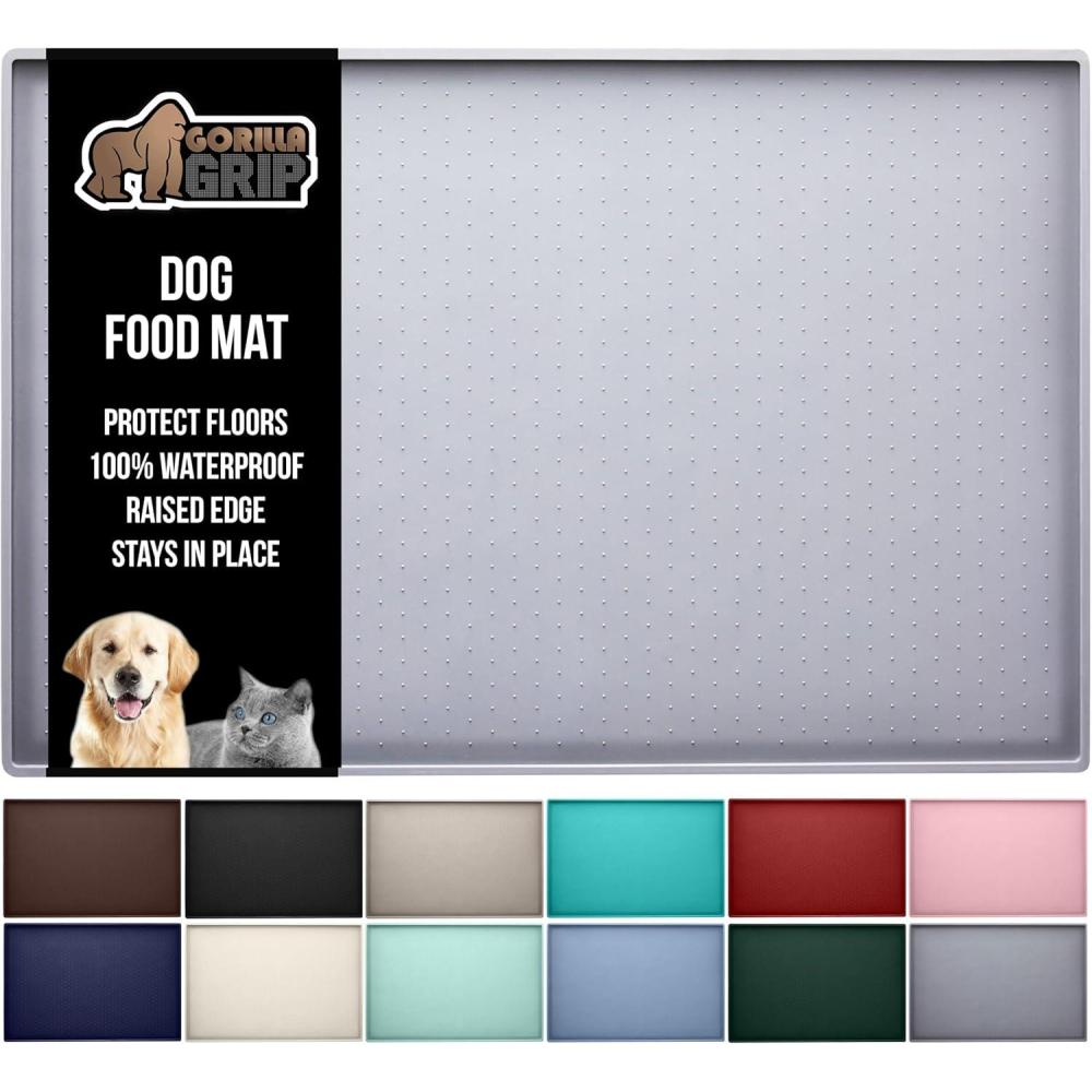 imageGORILLA GRIP 100 Waterproof Raised Edge BPA Free Silicone Pet Feeding Mat Dog Cat Food Mats Contain Spills Protects Floors Placemats for Cats and Dogs Water Bowl Pets Accessories 185x115 GrayLight Gray
