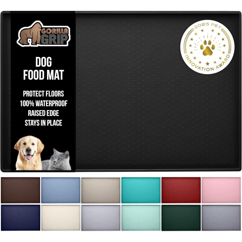 imageGORILLA GRIP 100 Waterproof Raised Edge BPA Free Silicone Pet Feeding Mat Dog Cat Food Mats Contain Spills Protects Floors Placemats for Cats and Dogs Water Bowl Pets Accessories 185x115 GrayBlack
