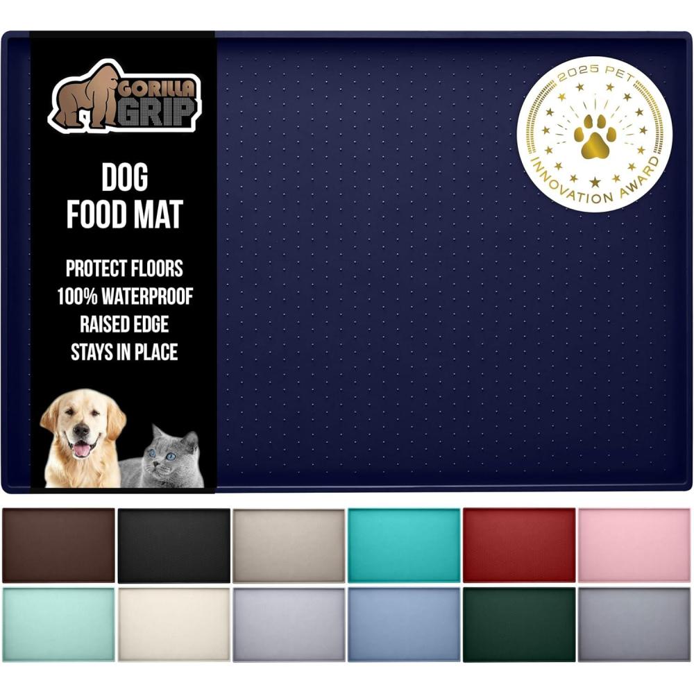 imageGORILLA GRIP 100 Waterproof Raised Edge BPA Free Silicone Pet Feeding Mat Dog Cat Food Mats Contain Spills Protects Floors Placemats for Cats and Dogs Water Bowl Pets Accessories 185x115 GrayNavy